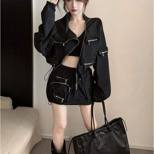 Cropped Zip Jacket with High-Rise Mini Pencil Skirt Set