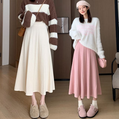 High Rise Plain Ribbed Knit Midi A-Line Skirt