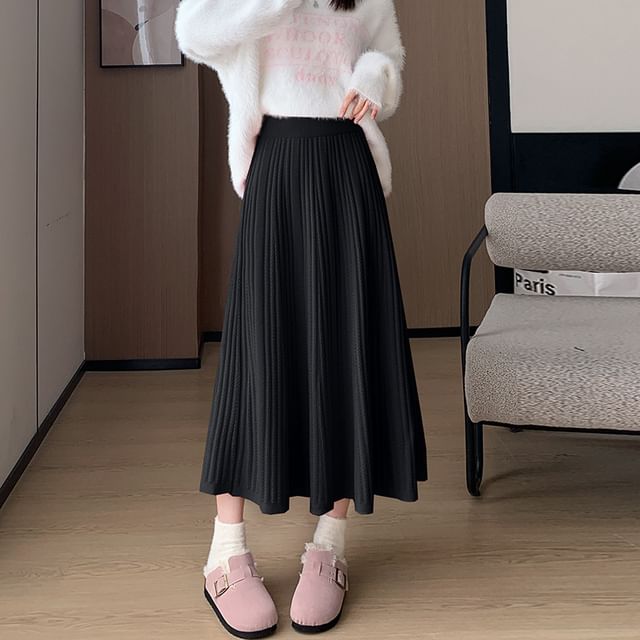 High Rise Plain Ribbed Knit Midi A-Line Skirt