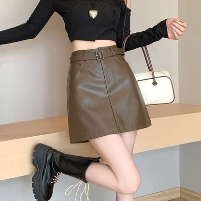 Set: High Rise Plain Faux Leather Mini A-Line Skirt + Belt