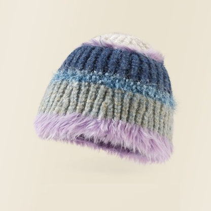 Fringed Color Block Knit Beanie