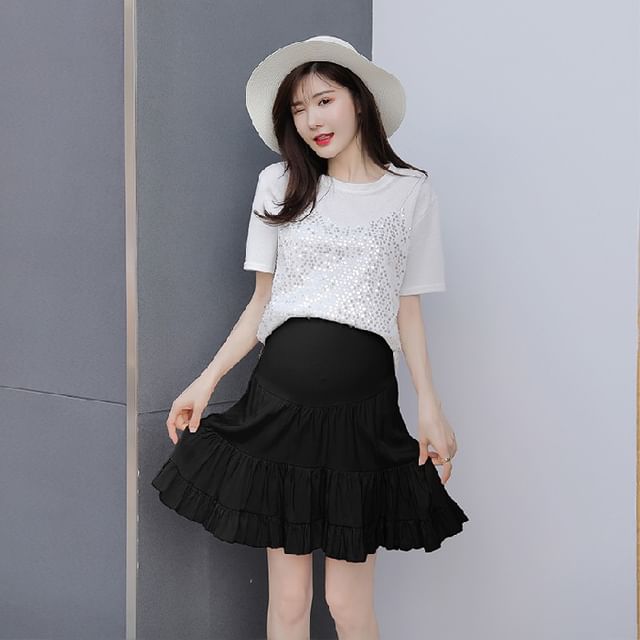 Maternity High Rise Solid Mini Flared Skirt