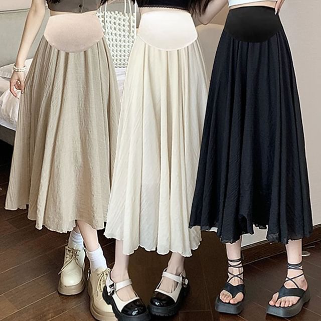 Maternity High Waist Solid Midi Flared Skirt