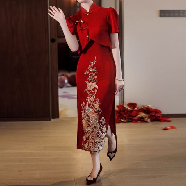 Short-Sleeve Slit Sequin Midi Chinese Wedding Qipao Dress