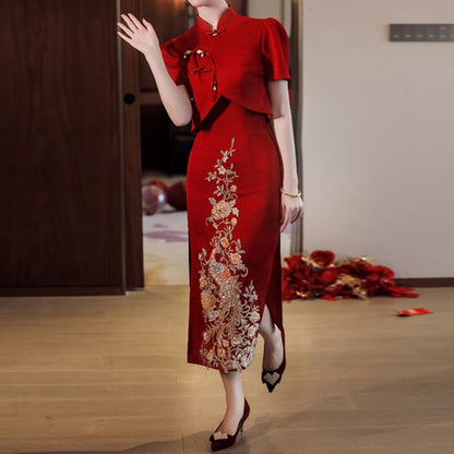 Short-Sleeve Slit Sequin Midi Chinese Wedding Qipao Dress