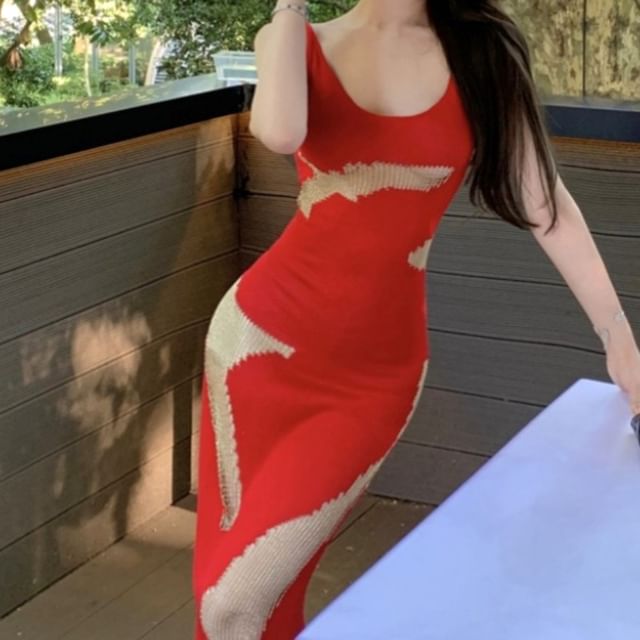 Sleeveless Back Open Patterned Maxi Dress Neck Bodycon Scoop