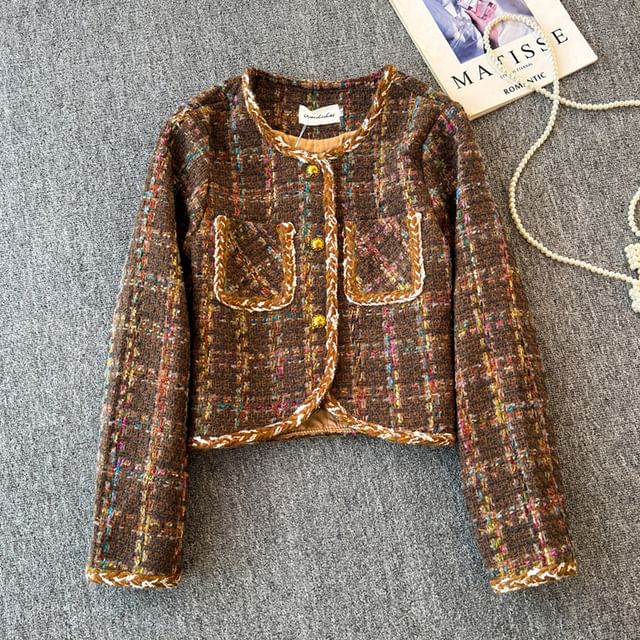 Crew Neck Plaid Button-Up Tweed Crop Jacket