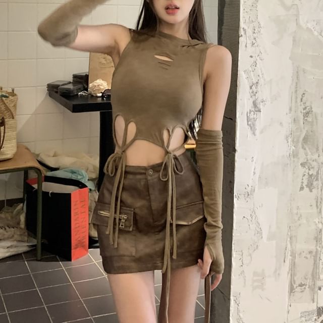 Hooded Cutout Crop Tank with Faux-Leather Cargo Pencil Skirt and Gloves Set