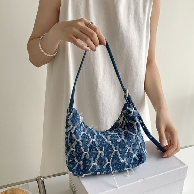 Perforated Washed Denim Bag Shoulder Bow
