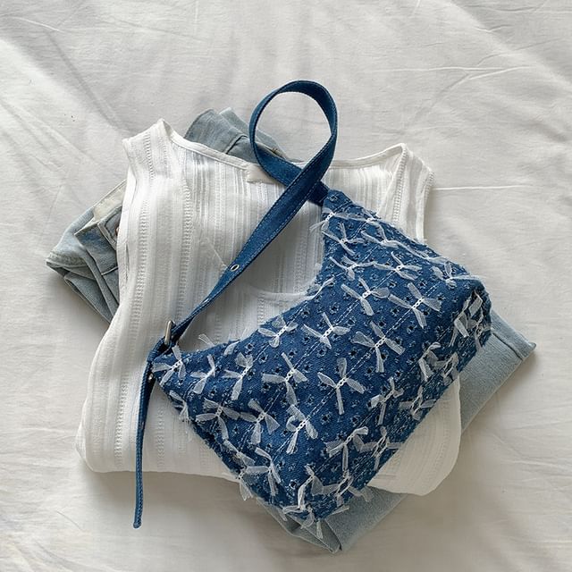Perforated Washed Denim Bag Shoulder Bow
