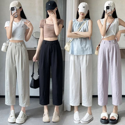 High Rise Plain Cropped Straight Leg Pants