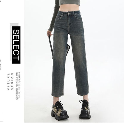 High Rise Washed Cropped Straight Leg Jeans