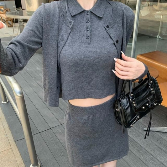 Round Neck Cardigan with Collared Knit Top and Mini Skirt