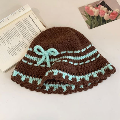 Bow Striped Knit Bonnet Hat