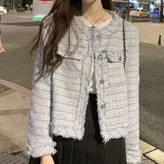 Round Neck Fringed Tweed Button Jacket