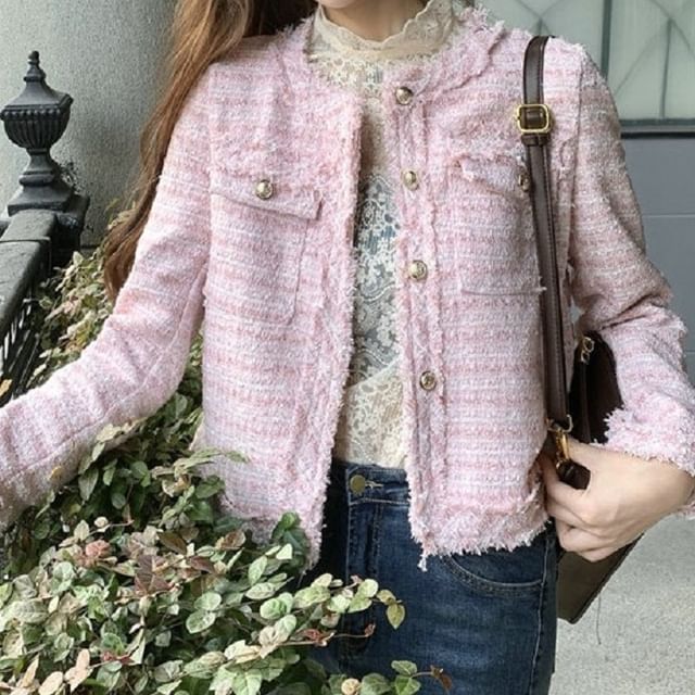 Round Neck Fringed Tweed Button Jacket