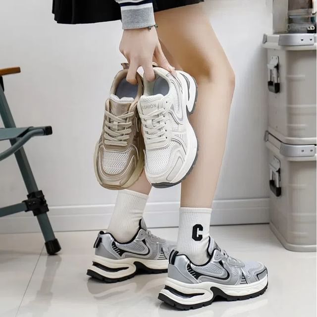 Mesh Panel Lace-Up Platform Sneakers