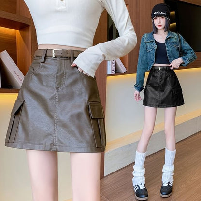 High Rise Plain Faux Leather Mini A-Line Skirt