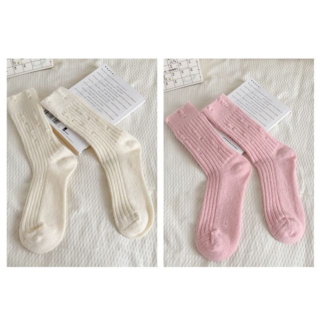 Plain Distressed Ribbed Socks Set