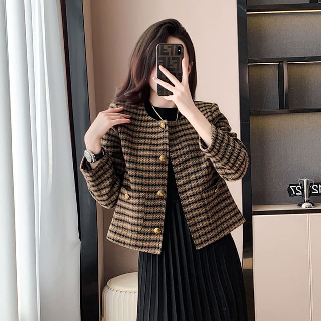 Crew Neck Plaid Button-Up Crop Jacket