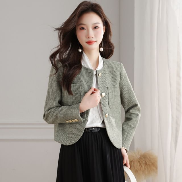 Crew Neck Button-Up Tweed Crop Jacket