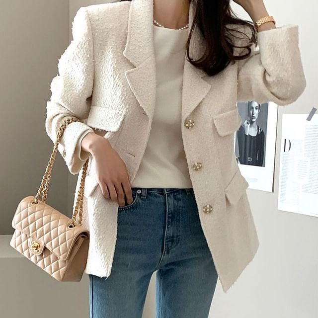 Notch Lapel Plain Tweed Single Breasted Blazer