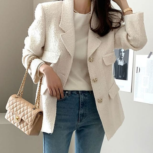 Notch Lapel Plain Tweed Single Breasted Blazer
