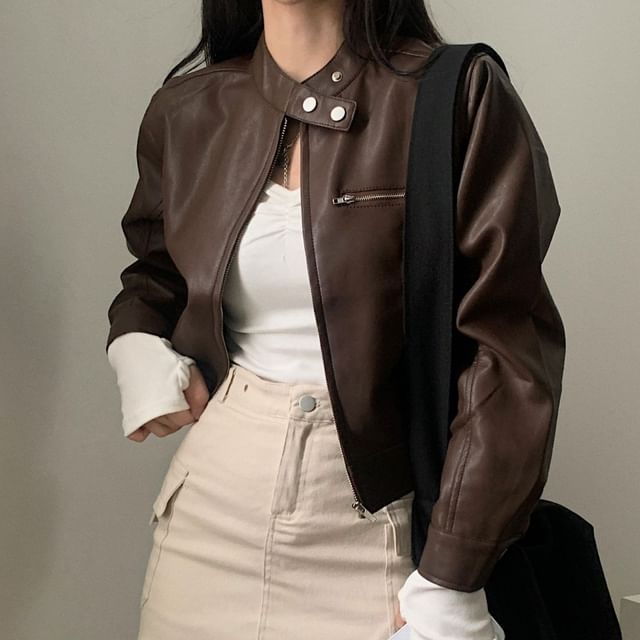 Band Collar Plain Faux Leather Zip Jacket