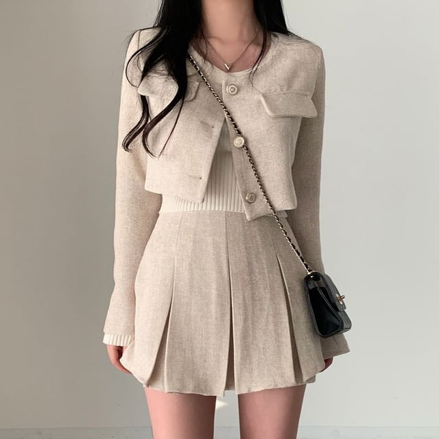 Round Neck Plain Crop Button Jacket / High Rise Pleated Mini A-Line Skirt