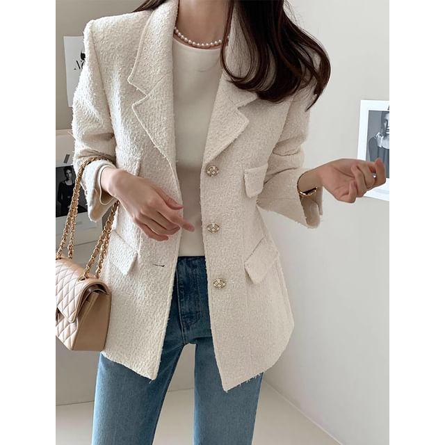 Notch Lapel Plain Tweed Single Breasted Blazer