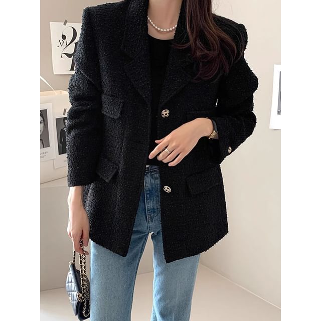 Notch Lapel Plain Tweed Single Breasted Blazer