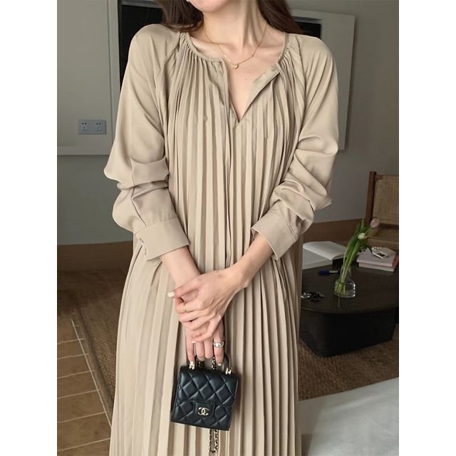 Long Sleeve Round Neck Plain Accordion Pleated Tie Front Maxi A-Line Dress