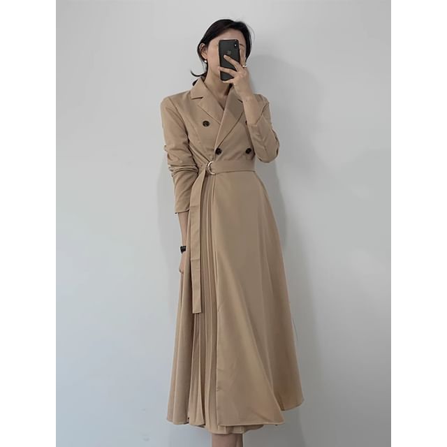 Long Sleeve Collared Plain Accordion Pleated Double Breasted Midi A-Line Dress