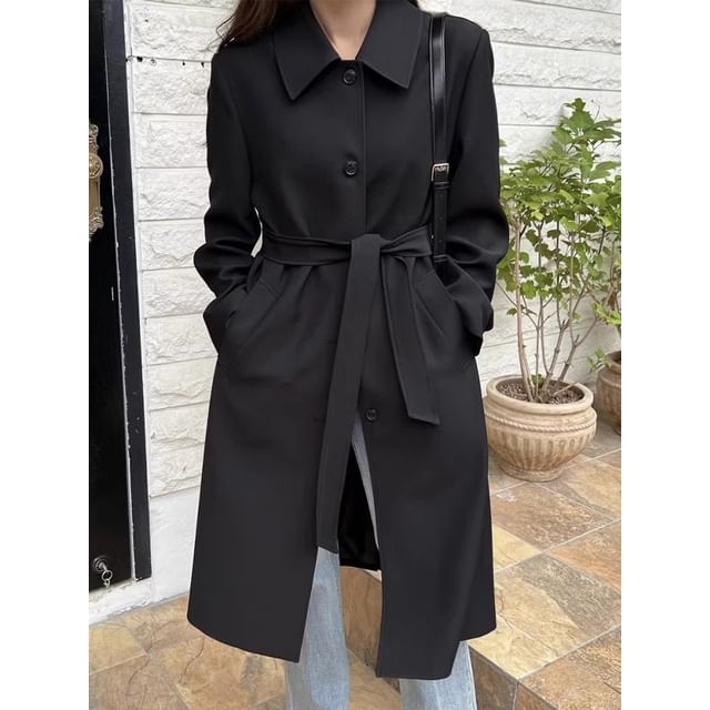 Collared Plain Midi Button Trench Coat