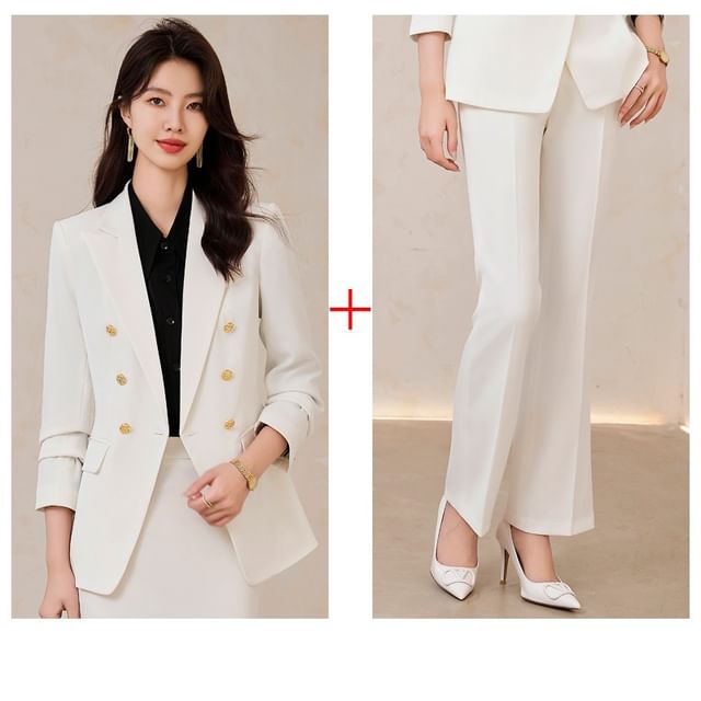 Double-Breasted Blazer with Blouse, Trousers, and Mini Skirt Ensemble