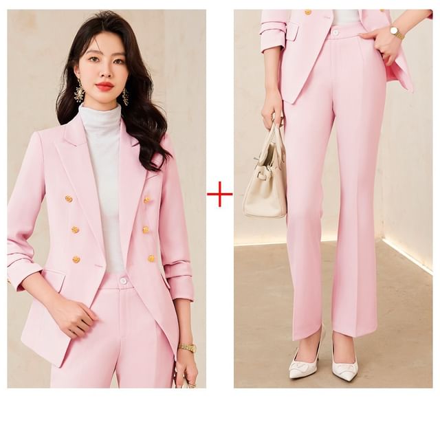 Double-Breasted Blazer with Blouse, Trousers, and Mini Skirt Ensemble