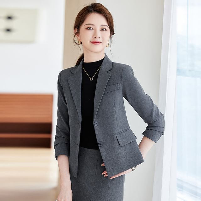 Notched-Lapel Single-Breasted Blazer with Pleated Flare Skirt Set