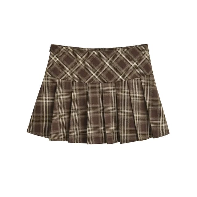 Low-Rise Checkered Mini Pleated Flare Skirt