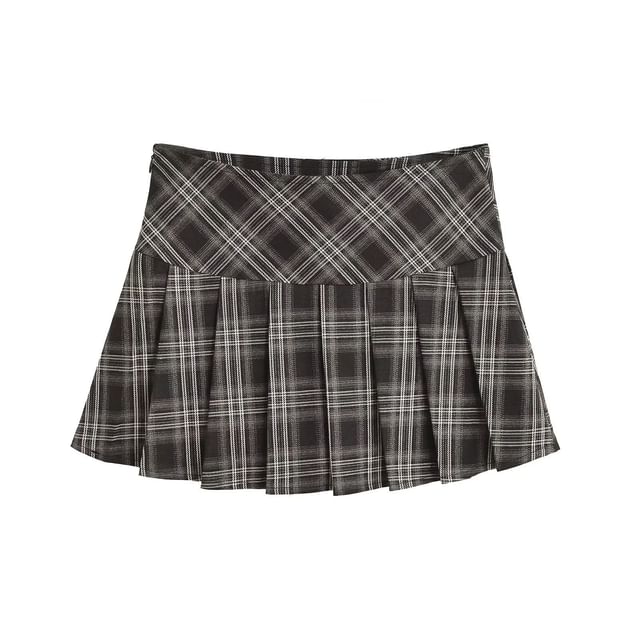 Low-Rise Checkered Mini Pleated Flare Skirt