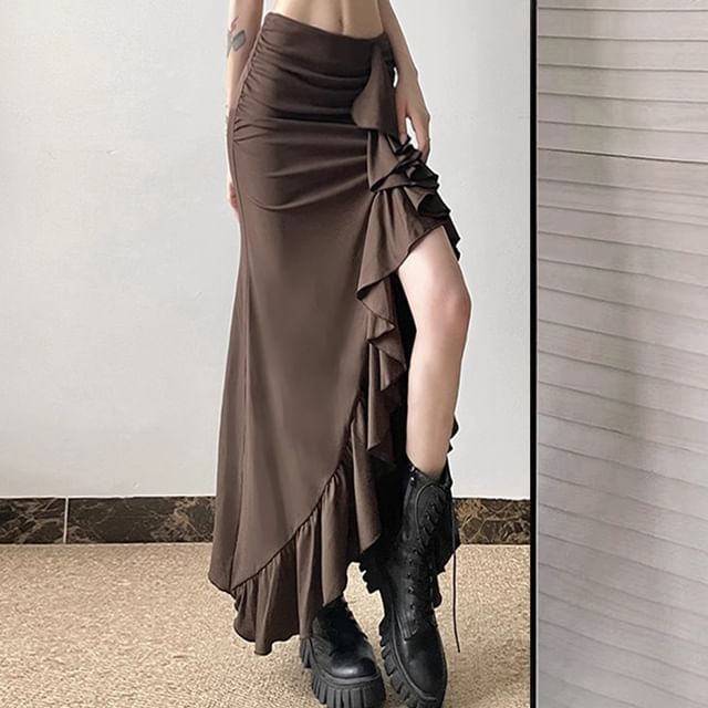 High-Rise Ruffled Asymmetric Fitted Pencil Skirt