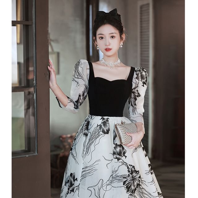 Long-Sleeve Square Neck Floral A-Line Evening Gown