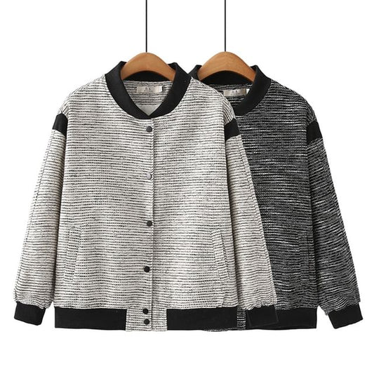 Plus Size Contrast Trim Button-Up Tweed Baseball Jacket