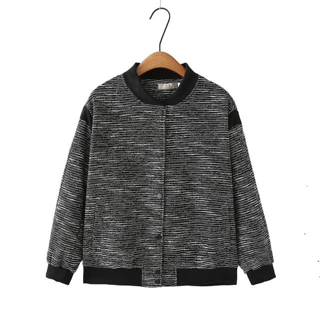 Plus Size Contrast Trim Button-Up Tweed Baseball Jacket