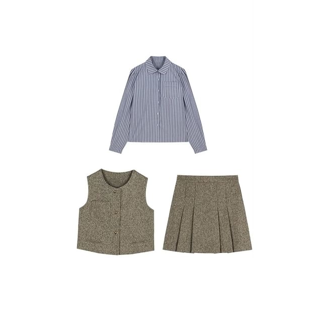 Long-Sleeve Striped Button-Up Shirt / Crew Neck Tweed Crop Vest / High Waist Pleated Mini A-Line Skirt / Set