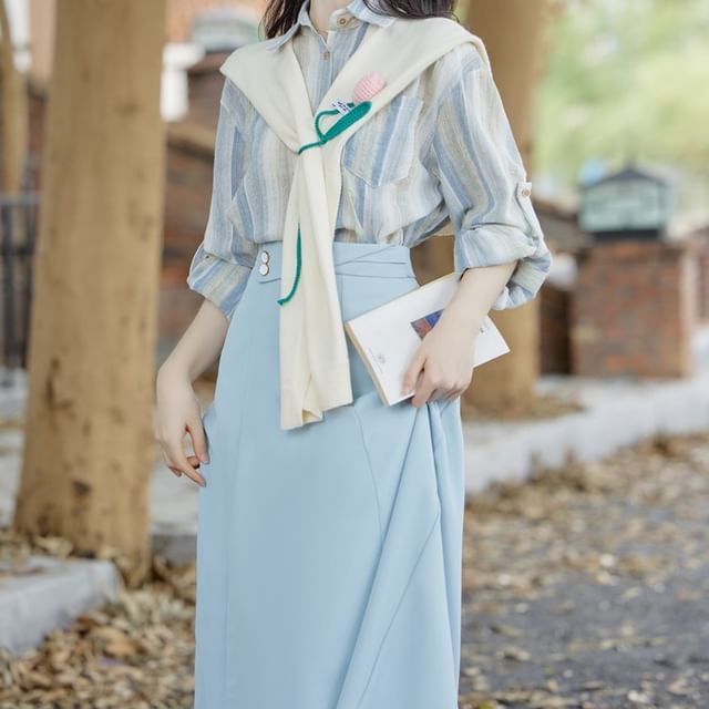 Elbow Sleeve Striped Shirt with Shawl and Maxi Skirt Set