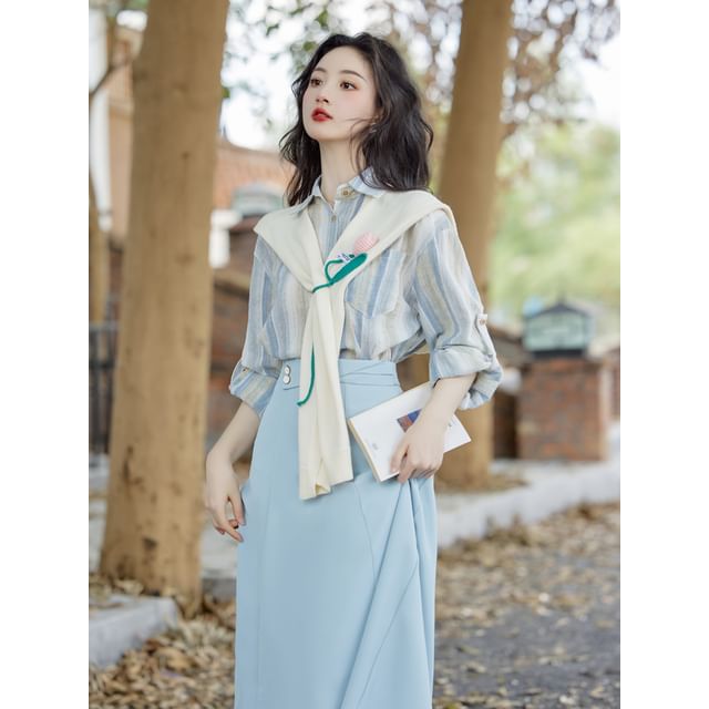 Elbow Sleeve Striped Shirt with Shawl and Maxi Skirt Set
