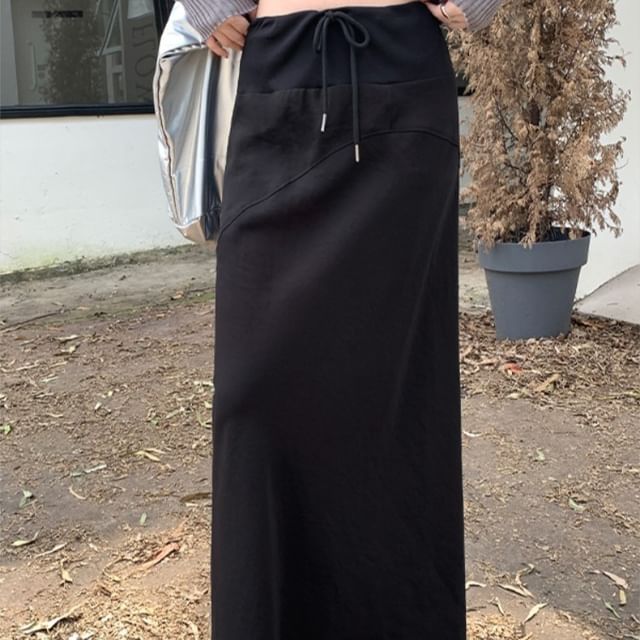 Elasticized Cinch-Waist Flowing Maxi Pencil Skirt