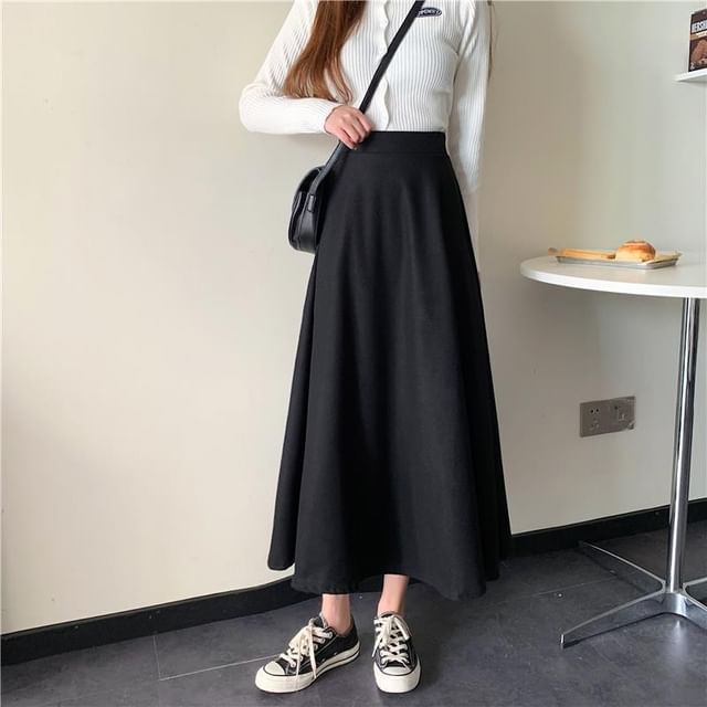 High Waist Solid Maxi Flared Skirt