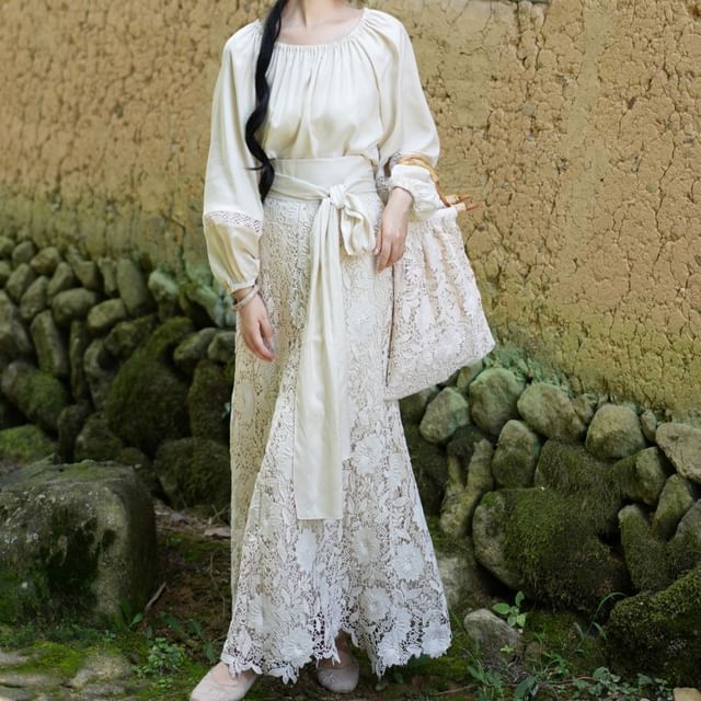 Puffed-Sleeve Lace Panel Blouse with High-Rise Lace Maxi Skirt Set