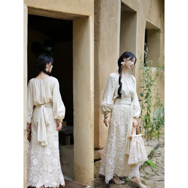 Puffed-Sleeve Lace Panel Blouse with High-Rise Lace Maxi Skirt Set